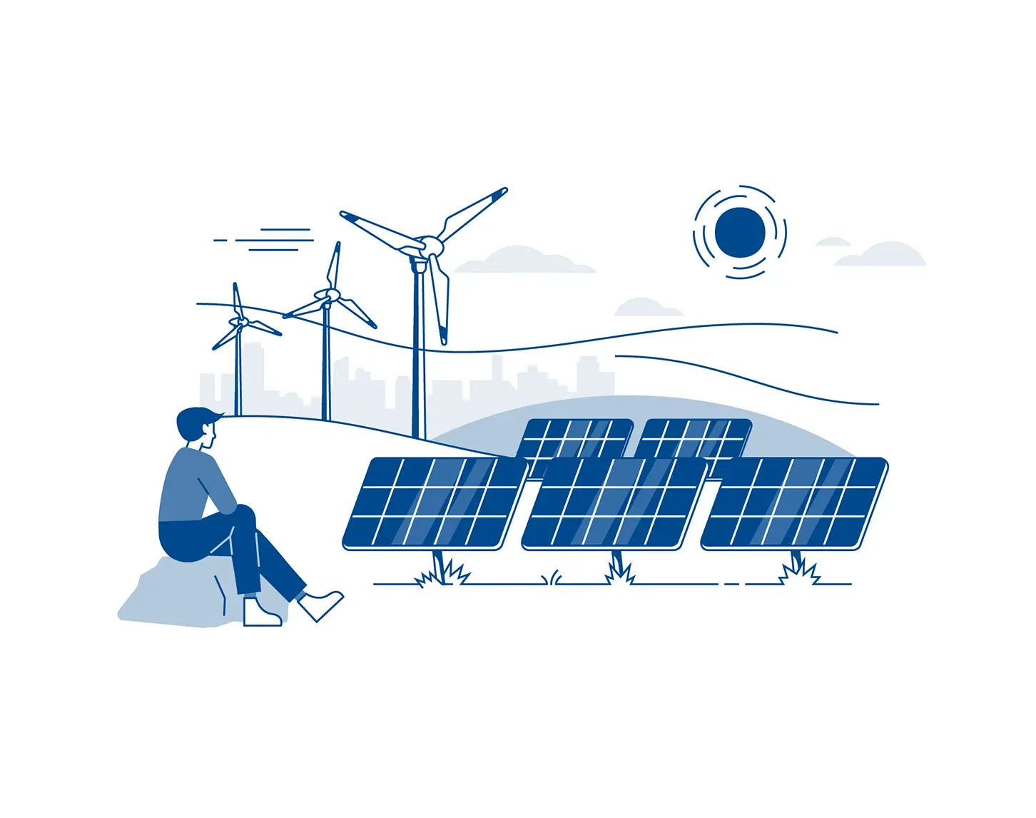 One illustration shows stylised wind turbines and solar panels. In the foreground, a person sits on a stone and looks at the turbines.